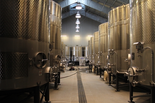 image of the large steel tanks in the cuverie at Silver Oak Cellars