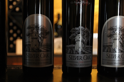 image of bottle line up from a tasting at Silver Oak Cellars
